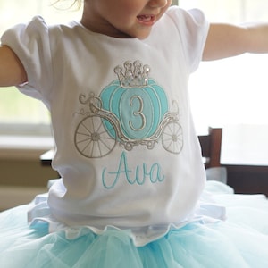 Cinderella Carriage Princess Birthday Toddler Tee SHIRT - ANY AGE - Aqua, turquoise, silver - Embroidered