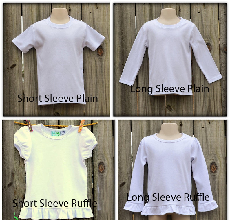 May include: Four white t-shirts on mannequins, displayed on a wooden background. The shirts are shown in two sleeve lengths: short and long, and two styles: plain and ruffle. The text "Short Sleeve Plain", "Long Sleeve Plain", "Short Sleeve Ruffle", and "Long Sleeve Ruffle" is displayed below each shirt.