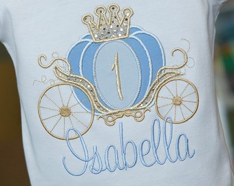 Cinderella Carriage Princess LIGHT BLUE and GOLD - Birthday Toddler Tee Shirt - Any Age - Embroidered