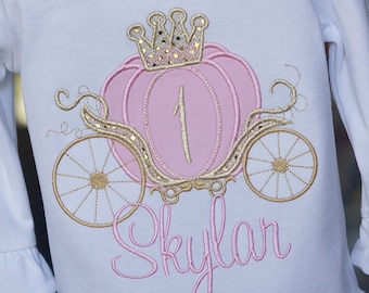 Pink and Gold Cinderella Carriage Princess Birthday Toddler Tee Shirt - First Birthday or ANY AGE - Princess Party