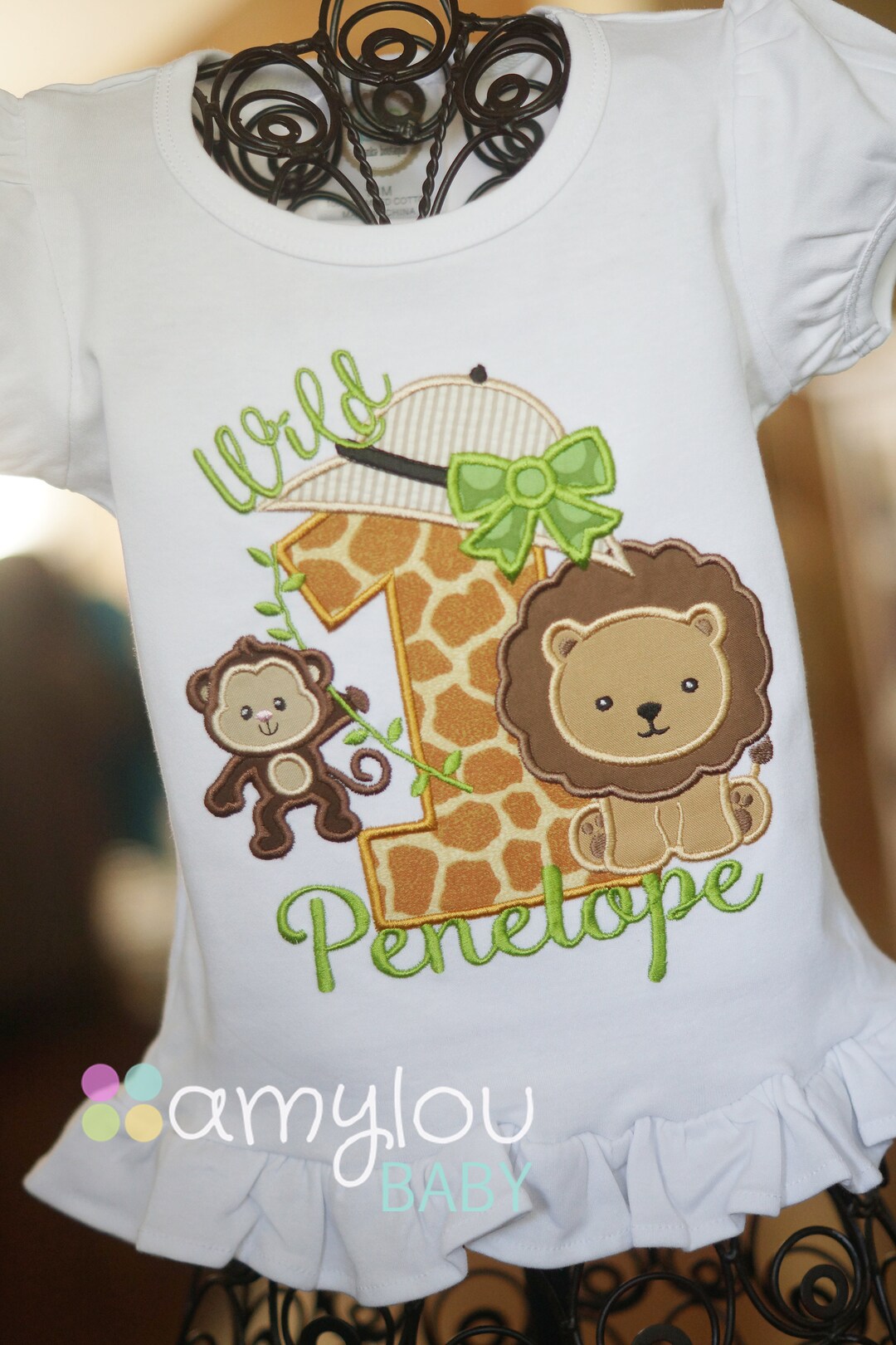 Wild One Birthday Shirt With Bow - Safari Zoo Animals Embroidered ...