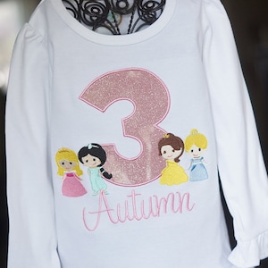 Pink Princess Birthday Shirt - Aurora, Jasmine, Belle, Cinderella Toddler Tee - ANY AGE - Embroidered - Party - Pink - Blue - Personalized