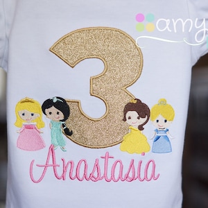 Princess Birthday Shirt Gold Sparkles - Aurora, Jasmine, Belle, Cinderella Toddler Tee - ANY AGE - Embroidered - Party - Personalized