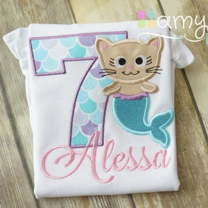 MerKitty MerCat Birthday Shirt Purple - Mermaid Cat Kitty - Name - ANY NUMBER - Party - Child - Personalized - Toddler - Girl - Embroidered