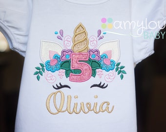 Unicorn Birthday Toddler Tee Shirt - Flowers - First Second Third Fourth Fifth Sixth Seventh - Any Age - Girl - Personalized - Embroidered