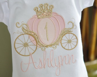 Light Pink and Gold Cinderella Carriage Princess Birthday Toddler Tee Shirt - First Birthday or ANY AGE - Princess Party - Embroidered