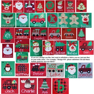 May include: A chart of 38 Christmas-themed designs for personalized apparel. Each design features a different image, including a snowman, a reindeer, a train, a truck, a gingerbread man, and a Christmas tree. The designs are numbered 1 through 38.