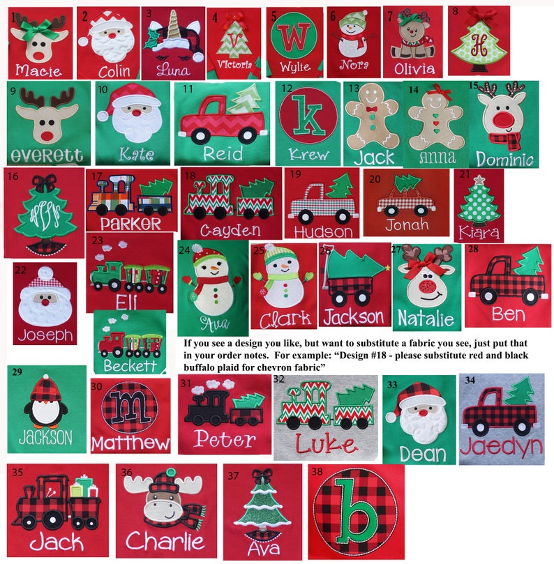 May include: A chart of 38 Christmas-themed designs for personalized apparel. Each design features a different image, including a snowman, a reindeer, a train, a truck, a gingerbread man, and a Christmas tree. The designs are numbered 1 through 38.