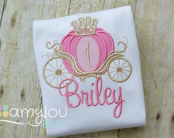 Medium Pink and Gold Cinderella Carriage Princess Birthday Toddler Tee Shirt - First Birthday or ANY AGE - Princess Party Embroidered