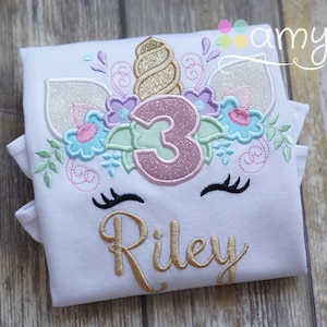 Unicorn Birthday Toddler Tee Shirt - Flowers - First Second Third Fourth Fifth Sixth Seventh - Any Age - Girl - Personalized - Embroidered