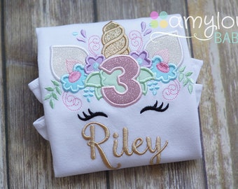 Unicorn Birthday Toddler Tee Shirt - Flowers - First Second Third Fourth Fifth Sixth Seventh - Any Age - Girl - Personalized - Embroidered