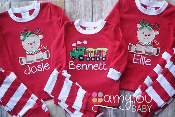 RED/WHITE APPLIQUE Embroidered - Christmas Pajamas - One Set - Baby, Toddler, or Child Jammies - Pj - Personalized PJs