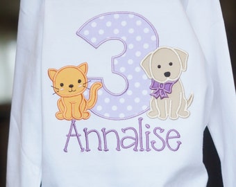 Dog and Cat Birthday Shirt - Kitten Kitty Puppy Doggy - ANY NUMBER and COLRS - Party - Child - Girl Boy - Banner - Toddler - Embroidered