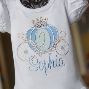 Blue Cinderella Carriage Princess Birthday Toddler Tee Shirt - ANY AGE - Blue, light blue, silver - Embroidered