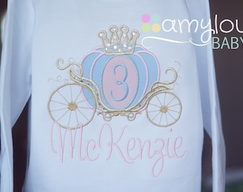 Pink and Blue Cinderella Shirt, Gold Carriage Birthday Toddler Tee Shirt - First or ANY AGE - Princess Party - Embroidered