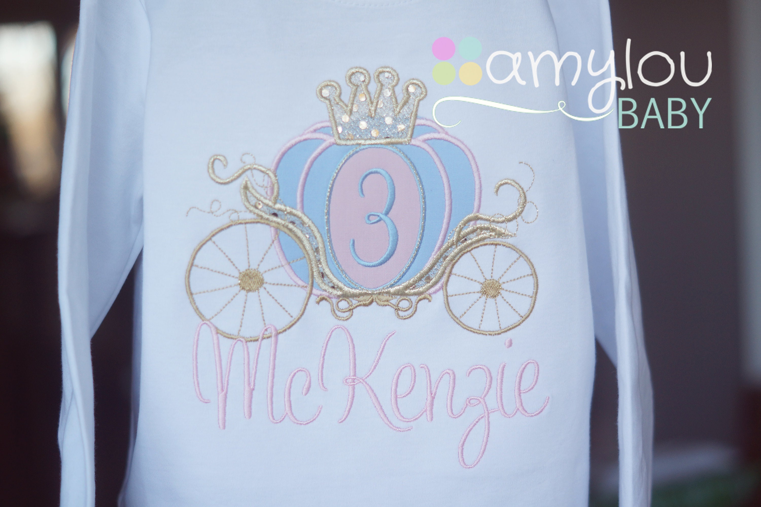 amyloubaby Pink and Blue Cinderella Shirt Gold Carriage Birthday Toddler Tee Shirt First or Any Age Princess Party Embroidered