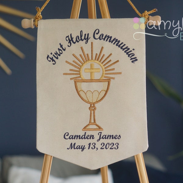 Embroidered First Communion Banner Navy - Personalized - First Holy Communion Party Display - Decoration - Gift - Eucharist Sacrament