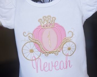 Pink and Gold Cinderella Carriage Princess Birthday Toddler Tee Shirt - First Birthday or ANY AGE - Princess Party - Embroidered