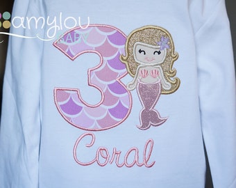 Little Mermaid Birthday Shirt - Brown Hair, Purple, Pink, Turquoise - ANY NUMBER - Party - Summer Vacation - Toddler - Girl - Embroidered