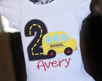 Wheels on the Bus Birthday Shirt - Boy or Girl - ANY AGE - Yellow - Toddler Tee - School Bus Party - Child - Embroidered