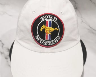 Vintage Mustang Hat: Ford Logo White Baseball Cap