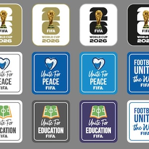 Puede incluir: Una colección de doce pegatinas cuadradas con la marca FIFA World Cup 2026, logotipos de Unite For Peace con iconos de corazón, diseños de Unite For Education con iconos de libro y el texto Football Unites the World en varios colores.