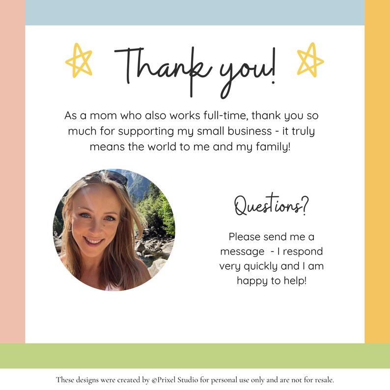 Puede incluir: Gr&aacute;fico digital con las palabras "Thank you!" en una fuente manuscrita, junto con un mensaje de agradecimiento y una foto de una mujer sonriente. La imagen incluye el texto "Questions?" e informaci&oacute;n de contacto.
