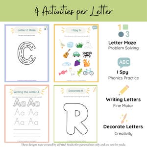 Puede incluir: Hojas de actividades educativas imprimibles para ni&ntilde;os. Incluye un laberinto de la letra C, un juego de "Veo, veo", pr&aacute;ctica de escritura de letras y decoraci&oacute;n de la letra R. Las actividades se centran en la resoluci&oacute;n de problemas, la fon&eacute;tica, la motricidad fina y la creatividad. El texto dice "4 Actividades por Letra."