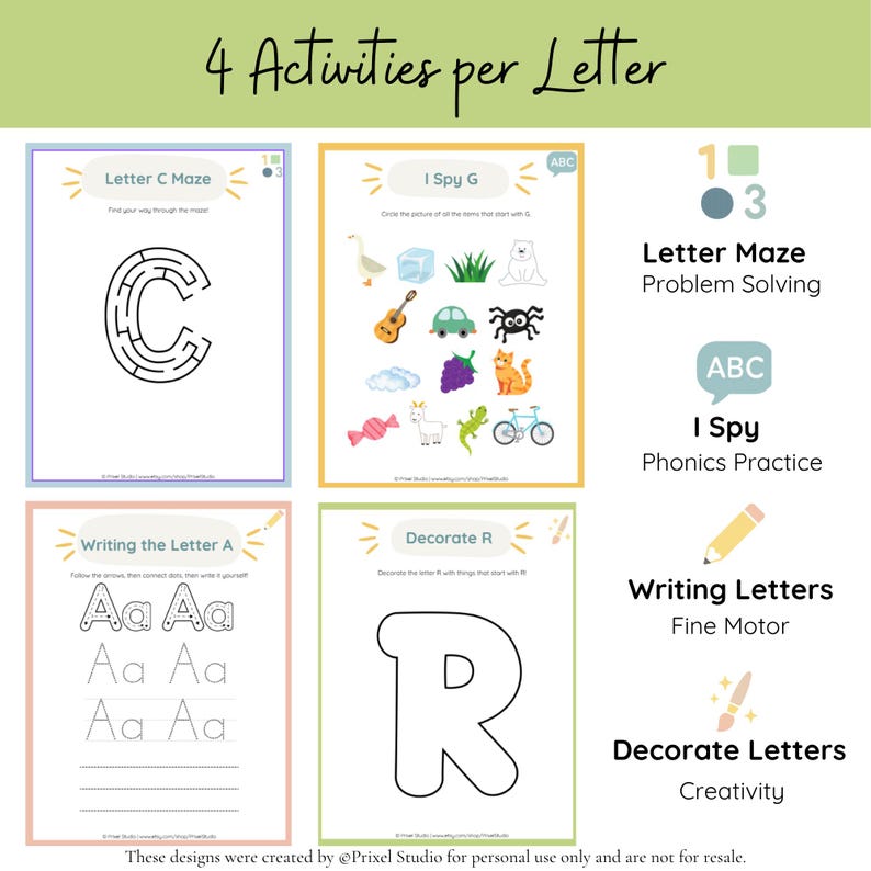 Puede incluir: Hojas de actividades educativas imprimibles para ni&ntilde;os. Incluye un laberinto de la letra C, un juego de "Veo, veo", pr&aacute;ctica de escritura de letras y decoraci&oacute;n de la letra R. Las actividades se centran en la resoluci&oacute;n de problemas, la fon&eacute;tica, la motricidad fina y la creatividad. El texto dice "4 Actividades por Letra."