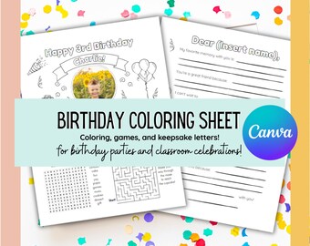 Editable Birthday Activity Sheet | Printable Birthday Coloring Page for Kids | Elementary Classroom Birthday Game | Canva Template