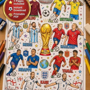 以下が含まれることがあります： 「World Cup Stars」と題された印刷可能な塗り絵アクティビティパック。ロナウド、ネイマール、メッシ、ハーランド、エムバペ、ヤマル、ケインなどのサッカー選手のイラストに加え、FIFAワールドカップのトロフィー、サッカーボール、各国の国旗が描かれています。