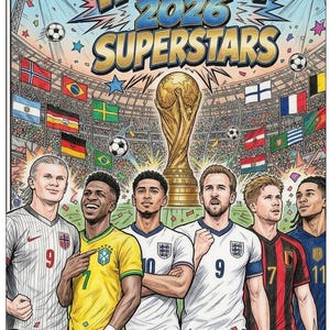 May include: A colorful poster titled WORLD CUP 2026 SUPERSTARS featuring a central gold trophy surrounded by six soccer players in various national jerseys. The background depicts a crowded stadium with numerous flags, soccer balls, and stadium lights.