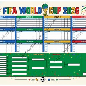 Op de afbeelding: Een FIFA World Cup 2026 toernooi-wandkaart met een groepstabel voor de groepen A tot en met L, gevolgd door een knock-outschema voor de achtste finales, kwartfinales, halve finales en de finale, versierd met afbeeldingen van voetballen.