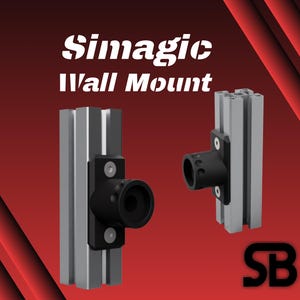 May include: Image of two Simagic Wall Mounts. The mounts are composed of silver metal and black plastic components. The text "Simagic Wall Mount" is displayed in white. The background is a gradient of red and black.