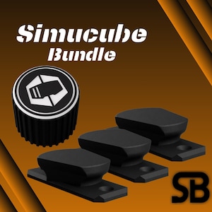 May include: Image of a Simucube Bundle. The image shows a black and white logo, a black knob, and three black buttons. The text "Simucube Bundle" is in white, and the letters "SB" are in the bottom right corner.