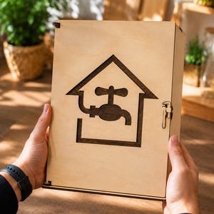 May include: A light-colored wooden box with a house and faucet design cut out of the front. The box is held by hands and has a metal clasp. The design is a dark brown color. The box is rectangular and appears to be new.