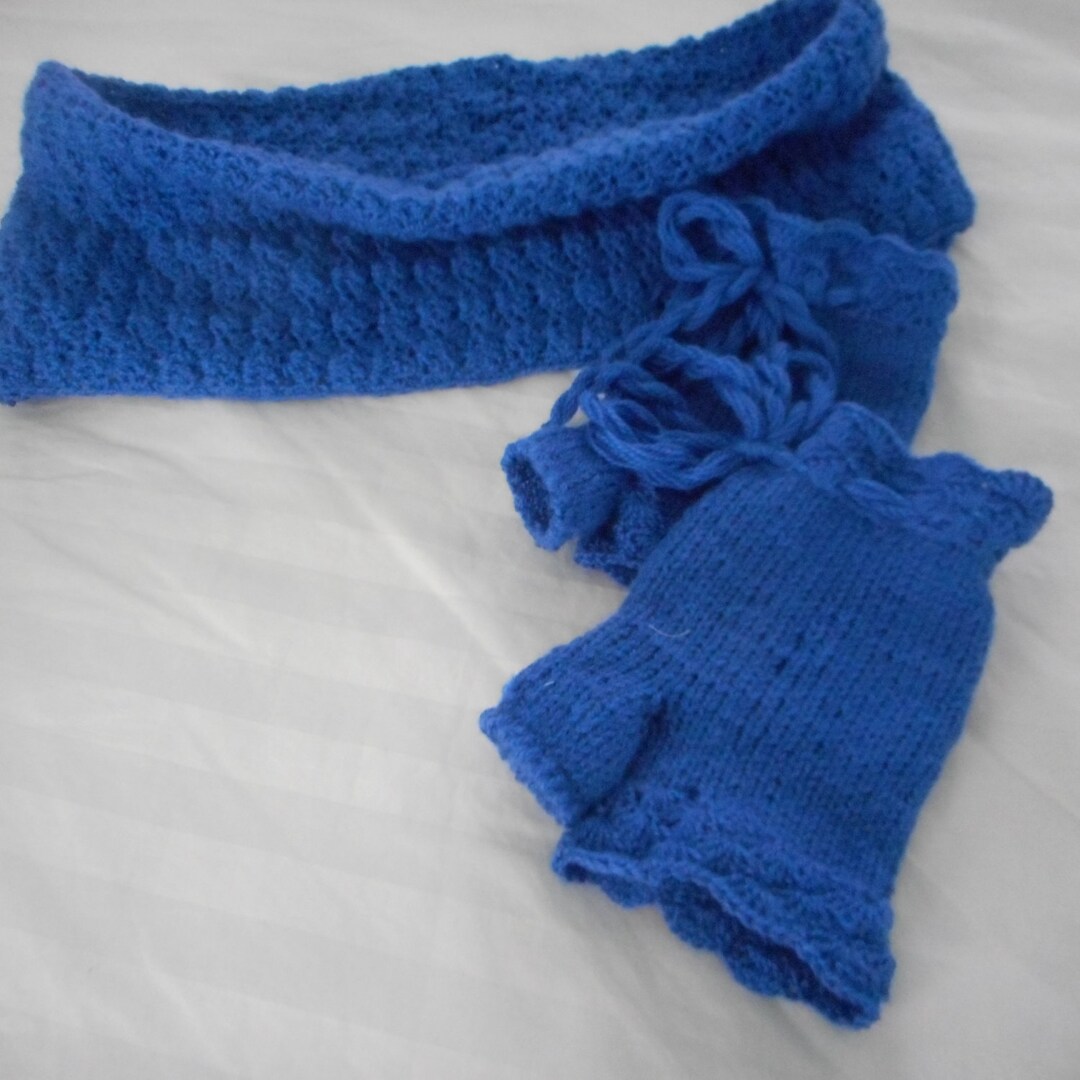 Blue Set Hand Crochet Cowl Shawl and Gloves - Etsy