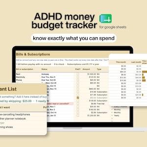 Pode incluir: Um rastreador de orçamento digital para TDAH para Google Sheets exibido na tela de um laptop. A interface apresenta tabelas para contas, assinaturas, listas de desejos e comparações de gastos mensais.