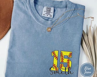 Custom Softball Pocket Shirt, Softball Comfort Colors, Personalized Softball Number Shirt, Softball Gift, Softball Fan Tee, Sports Mom tee