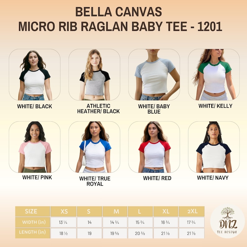 May include: A product image showcasing Bella Canvas Micro Rib Raglan Baby Tees in various color combinations. The image displays multiple models wearing the shirts, with color options including white/black, athletic heather/black, white/baby blue, and white/kelly. Size chart included.