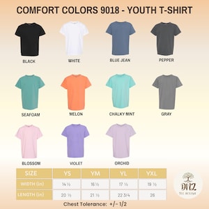 May include: A display of Comfort Colors 9018 youth t-shirts in various colors, including black, white, blue jean, and pepper. Other colors are seafoam, melon, chalky mint, gray, blossom, violet, and orchid. Size and measurement details are also provided.