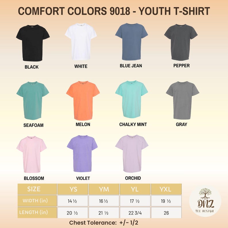 May include: A display of Comfort Colors 9018 youth t-shirts in various colors, including black, white, blue jean, and pepper. Other colors are seafoam, melon, chalky mint, gray, blossom, violet, and orchid. Size and measurement details are also provided.
