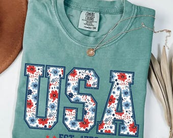 Comfort Colors® Floral USA Shirt, American Girl Shirt, USA Est 1776 Shirt, Girly 4th of July Shirt, Patriotic Women Shirt, Flower USA Shirt
