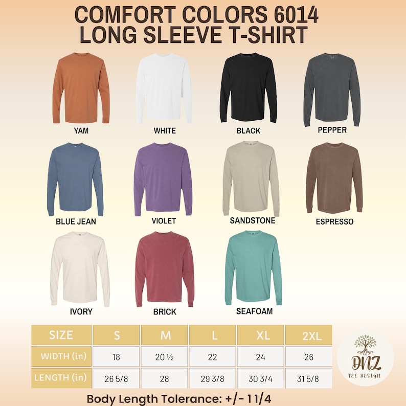 May include: A product image showcasing Comfort Colors 6014 long-sleeve t-shirts in various colors, including Yam, White, Black, and Blue Jean. The image also displays a size chart with measurements in inches for width and length, ranging from size S to 2XL.