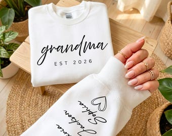 Grandma Sweatshirt With Grandkids Name On Sleeve, Mothers Day Gift, Gift for Grandma, Grandmother Shirt