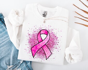 Sparkly Glitter Pink Ribbon Sweatshirt, Breast Cancer Awareness Hoodie, Pink Ribbon Support Shirt, Women’s Awareness Pullover, Survivor Top