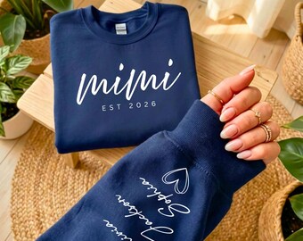 Mimi Sweatshirt With Grandkids Name On Sleeve, Mothers Day Gift, Gift for Mimi, Grandmother Shirt
