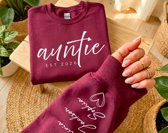 Auntie Sweatshirt With Kids Name On Sleeve, Mothers Day Gift, Gift for Auntie, Aunt Shirt