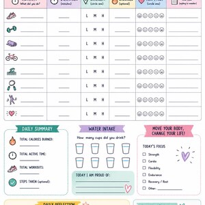 May include: A daily exercise log printable sheet featuring sections for activity, duration, intensity, calories, mood, and notes. It includes a water intake tracker, daily summary, reflection prompts, and a tomorrow's plan section with colourful icons.
