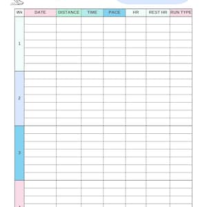 May include: A white running log titled "RUNNING LOG". It features sections for date, distance, time, pace, HR, rest HR, and run type. A quote by Ronald Rook is also included at the top of the log.
